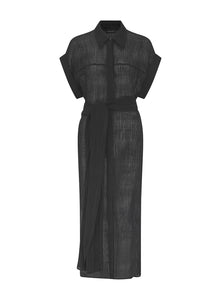 TORI - Black Crinkle Linen Shirt Dress