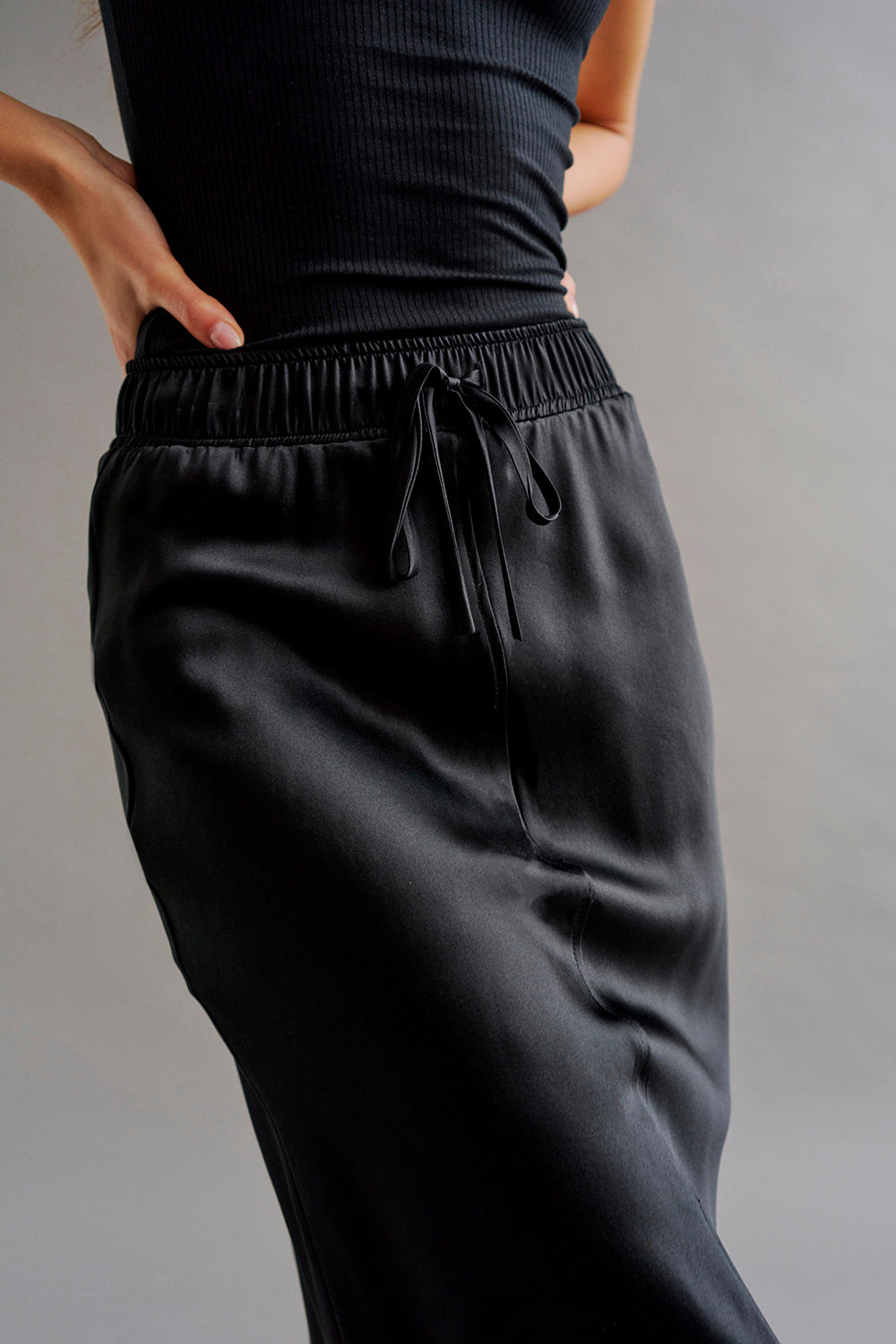 ELLA - Black Silk Drawstring Skirt