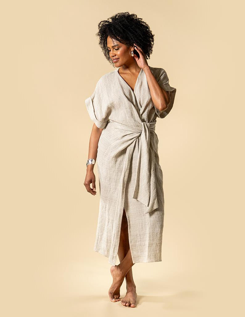 kim luxe linen wrap dress The Summer Edit Neutrals Kim Luxe Linen Wrap Dress in Natural