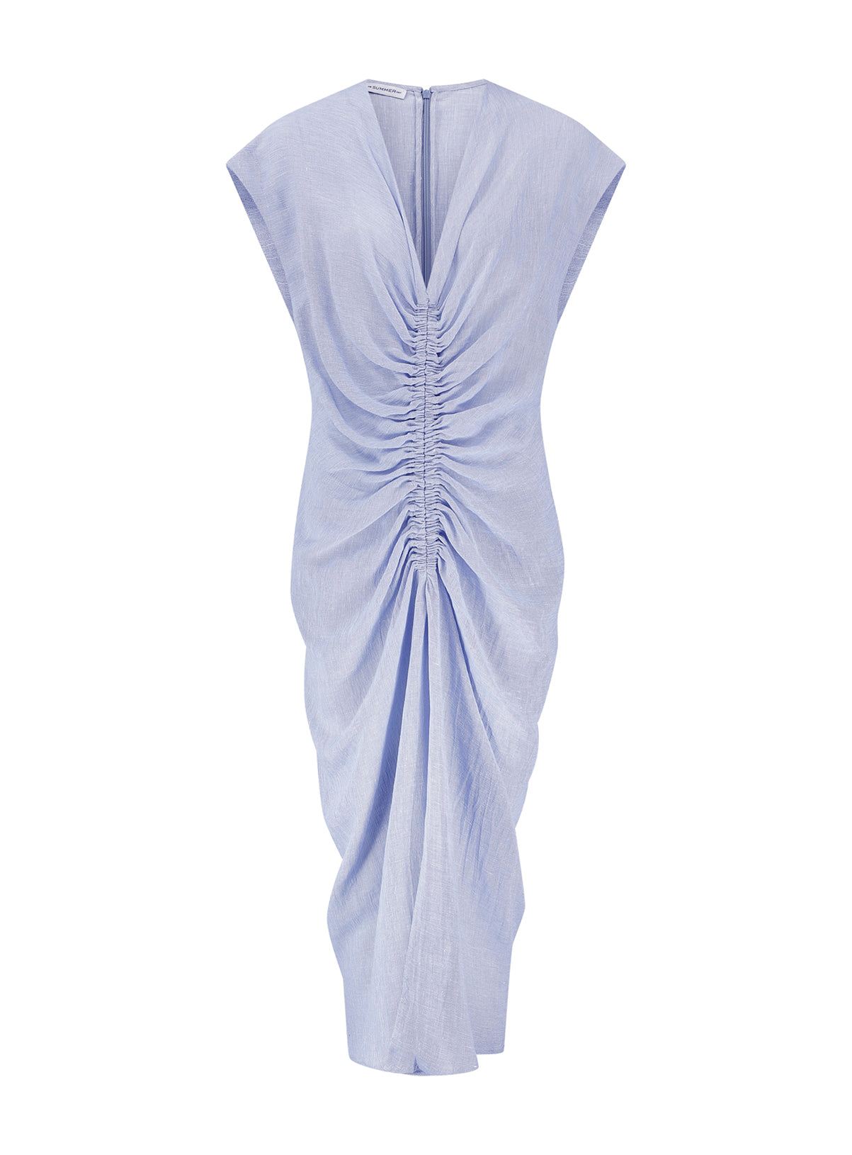 RAYE - Ice Blue Chambray Linen Ruched Linen Dress