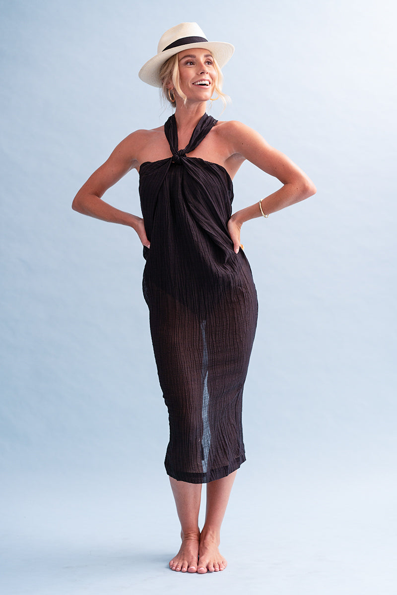 BELLA - Black Crinkle Linen Bandeau Dress