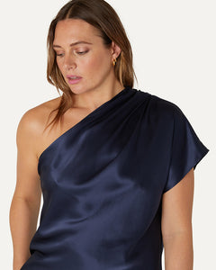 EMILY - Sapphire Silk One-Shoulder Top